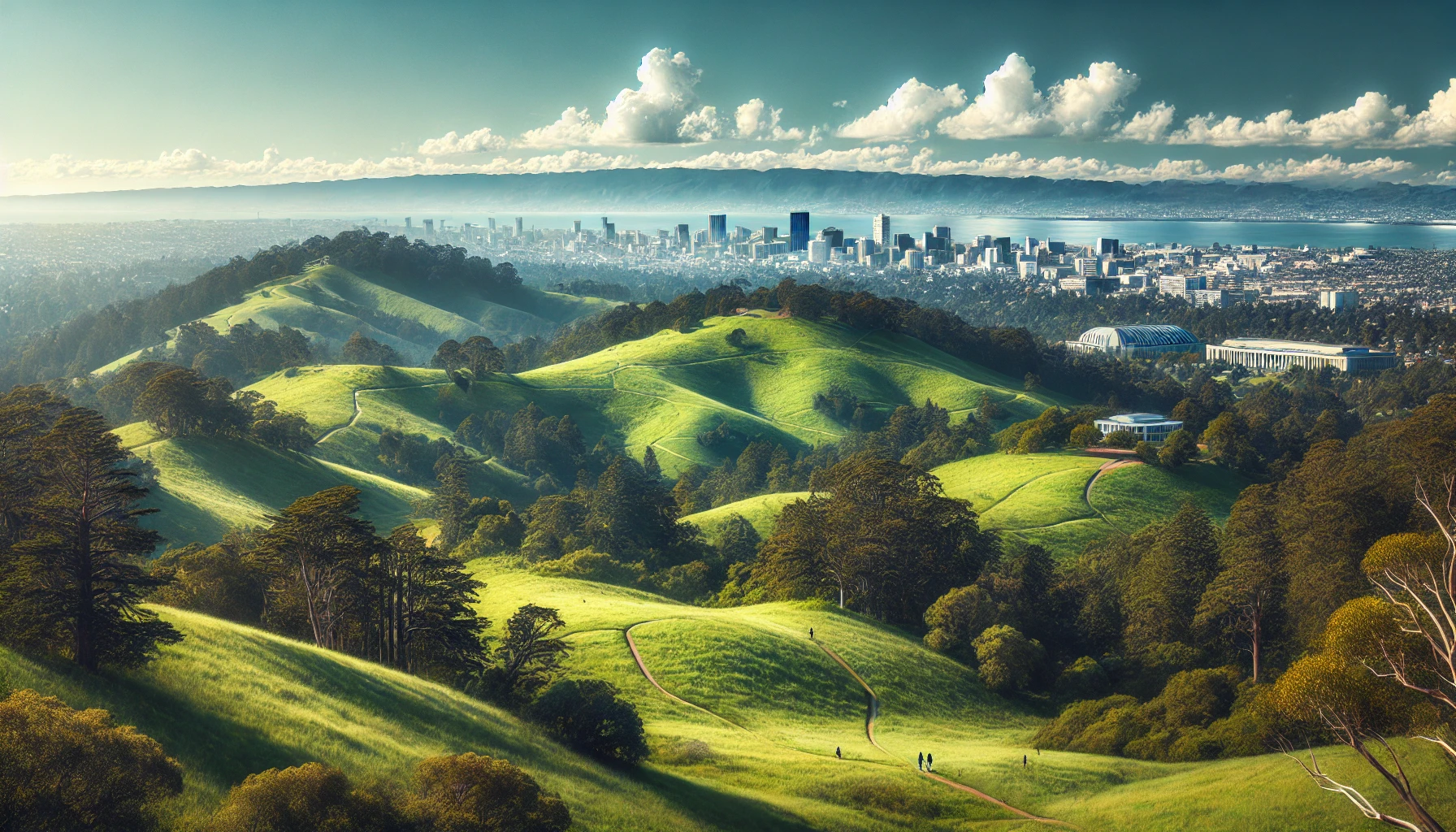 A panoramic view of Berkeley Hills during a clear day, showcasing lush green landscape, rolling hills, and patches of woodland, with the skyline of Berkeley city and the University of California, Berkeley campus in the distance. The blue sky has a few scattered clouds, adding to the serene and picturesque scenery. Hikers are seen on trails, highlighting the area's natural beauty and recreational opportunities.