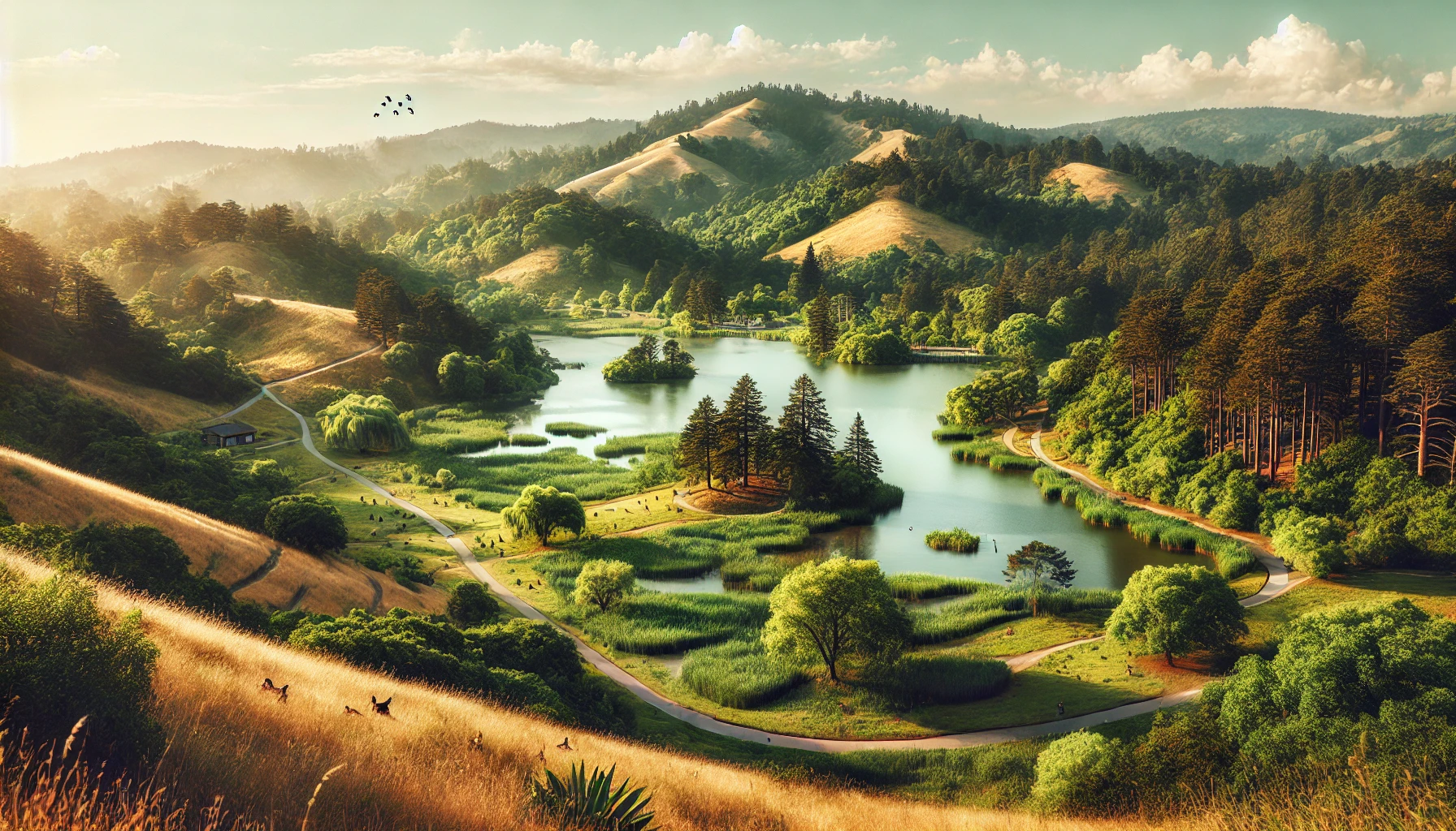 A widespread view of Tilden Nature Area in Berkeley, California, showcasing lush greenery, rolling hills, and a variety of wildlife such as deer, birds, and squirrels. The image includes well-maintained hiking trails, a serene lake, and a clear sky with scattered clouds and bright sunlight.