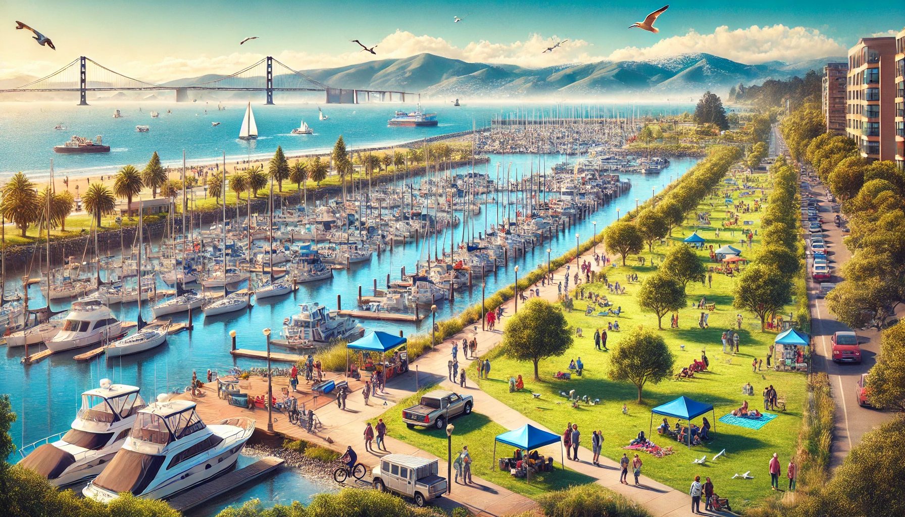 A panoramic view of Berkeley Marina featuring a bustling marina with various boats and yachts docked, people jogging and cycling along the waterfront, lush green parks, and scenic walking trails. The backdrop includes the San Francisco Bay with a clear sky and the distant silhouette of the Golden Gate Bridge. Seagulls are flying above, and families are picnicking in grassy areas, capturing the lively atmosphere of this popular hub.