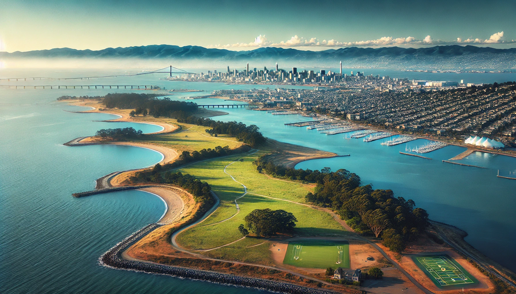 Eastshore State Park in Berkeley with lush green landscapes, walking trails, scenic waterfront views, and the distant cityscape of Berkeley under a clear blue sky.
