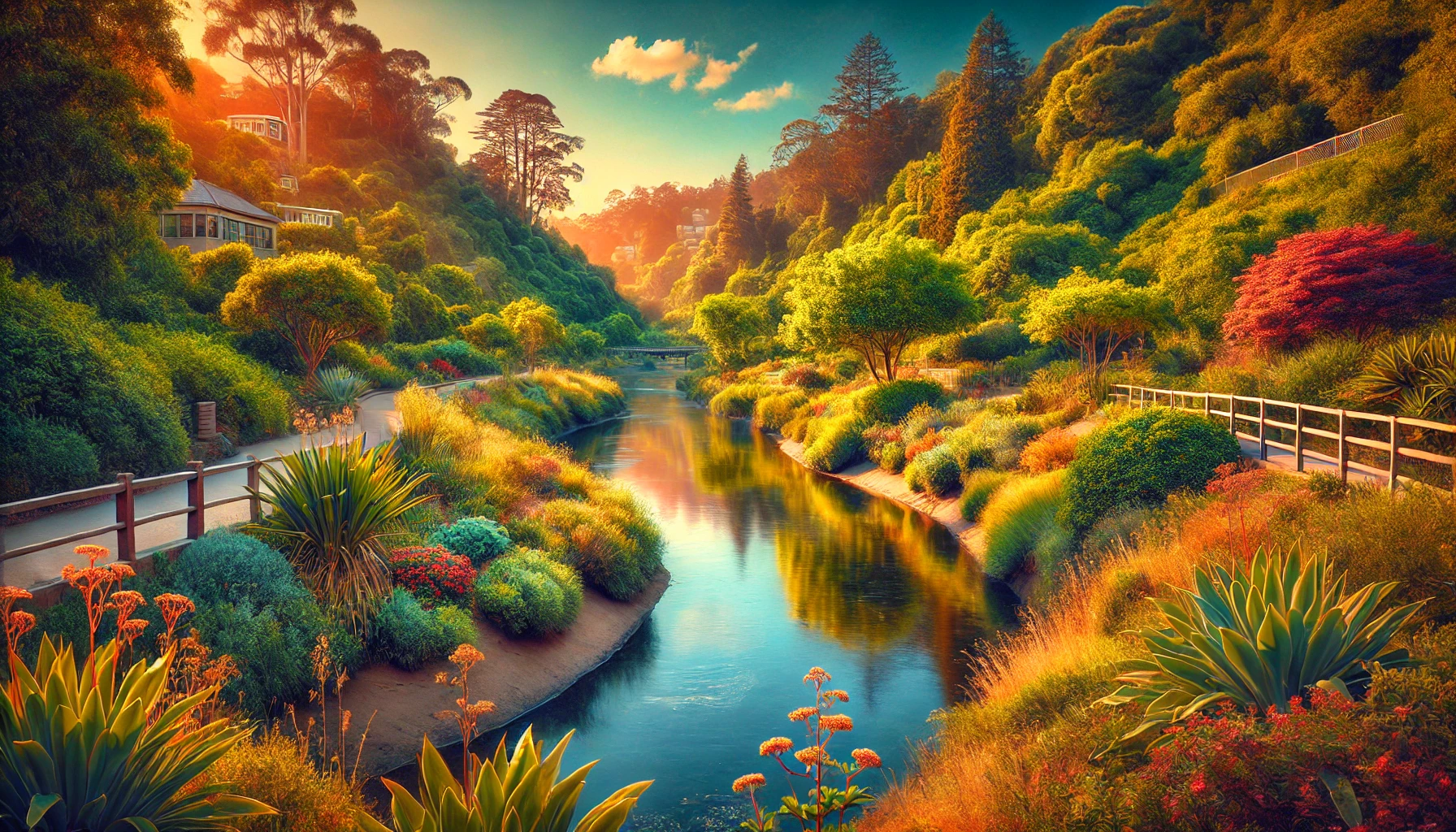 Strawberry Creek in Berkeley, surrounded by lush greenery with trees and bushes lining its banks, reflecting vibrant colors. The clear water gently flows through a serene landscape under a blue sky with fluffy clouds.